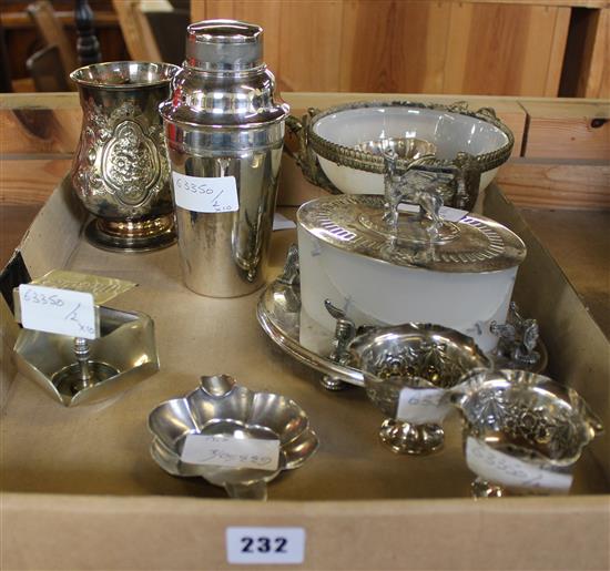 Pair French silver pin trays insc. Au Amarteau de G Lecombe, Paris, butter dish, matchbox holder, bowl, tankard & cocktail shaker